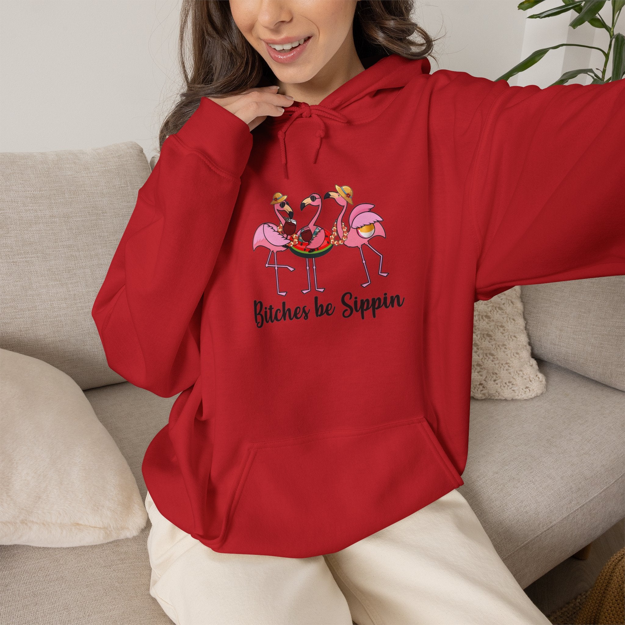 Flamingo 'Bitches Be Sippin' Hoodie – Funny Tropical Ladies Wine Graphic Sweatshirt