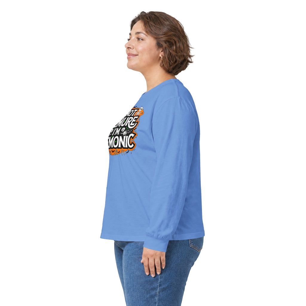 Long Sleeve Tee — "I'm Not Demure I'm Demonic" Halloween Graphic