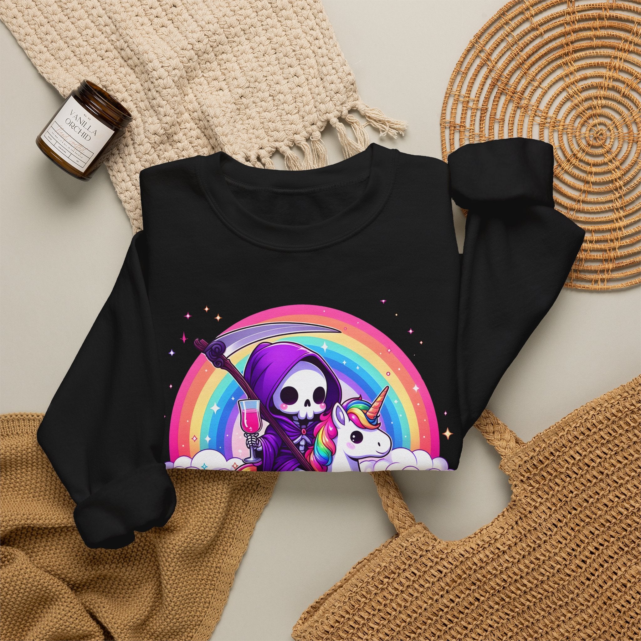 Crewneck Sweatshirt — Cute Grim Reaper Riding Unicorn Rainbow "True Audacity"