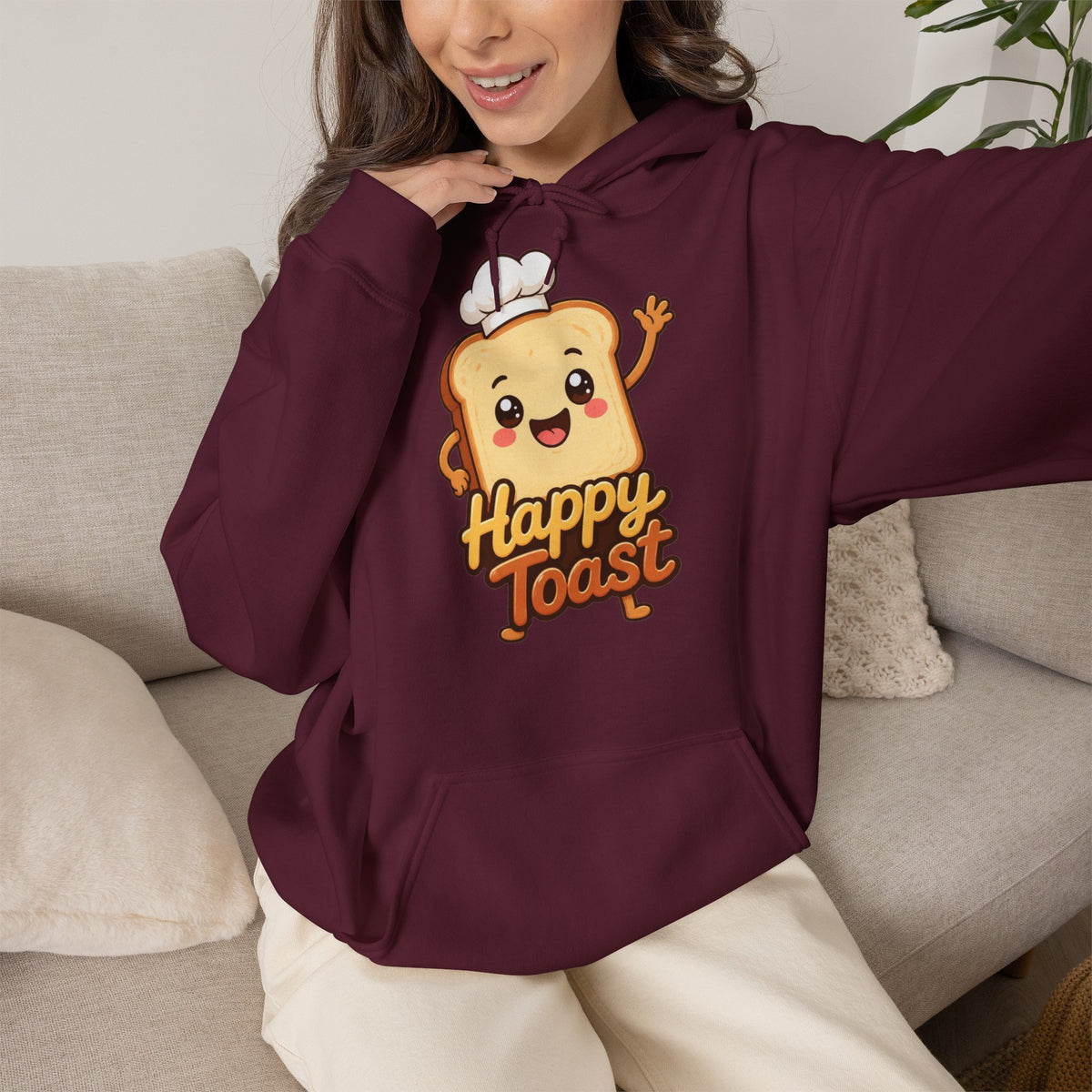 Happy Toast Cartoon Graphic Hoodie – Unisex Pullover