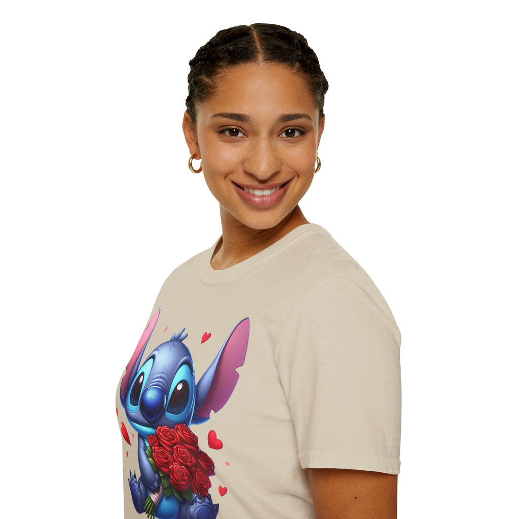 Stitch Holding Roses T-Shirt — Cute Valentine’s Day Cartoon Tee