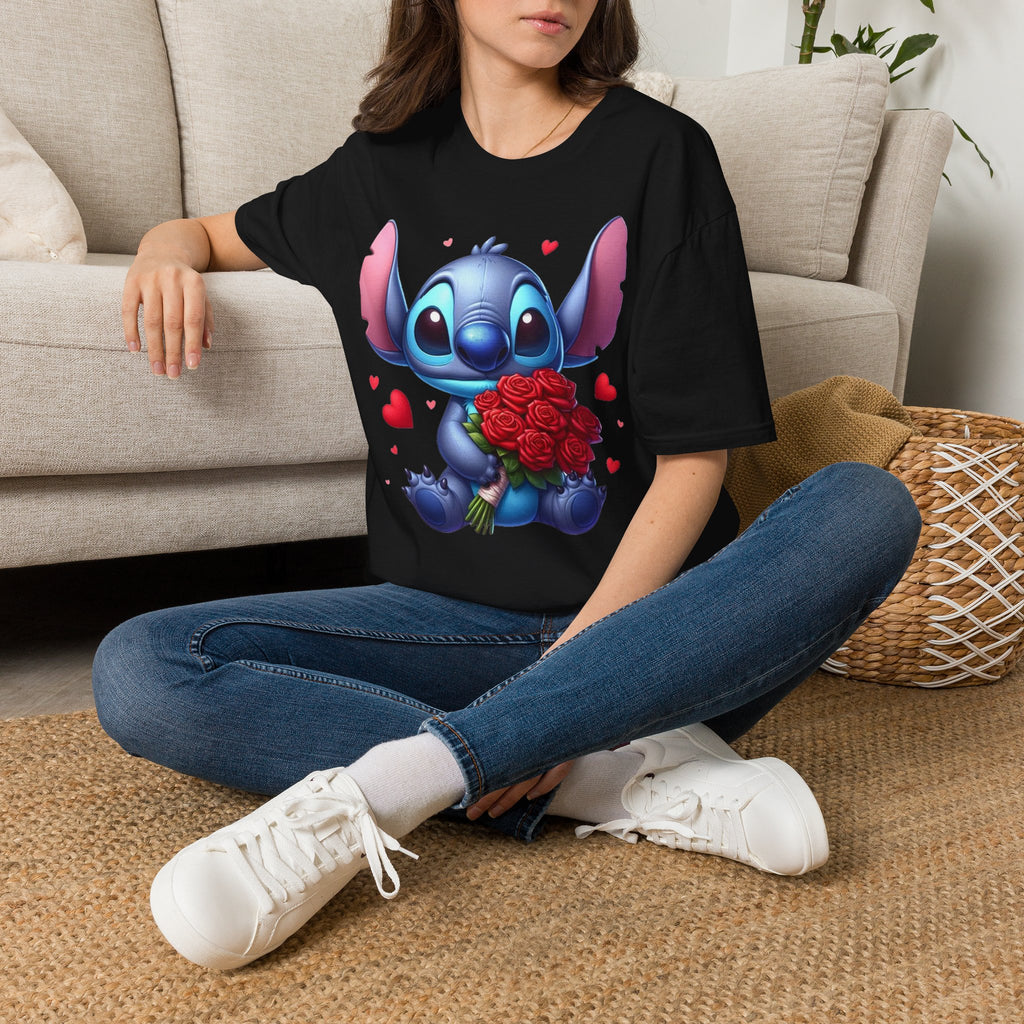 Stitch Holding Roses T-Shirt — Cute Valentine’s Day Cartoon Tee