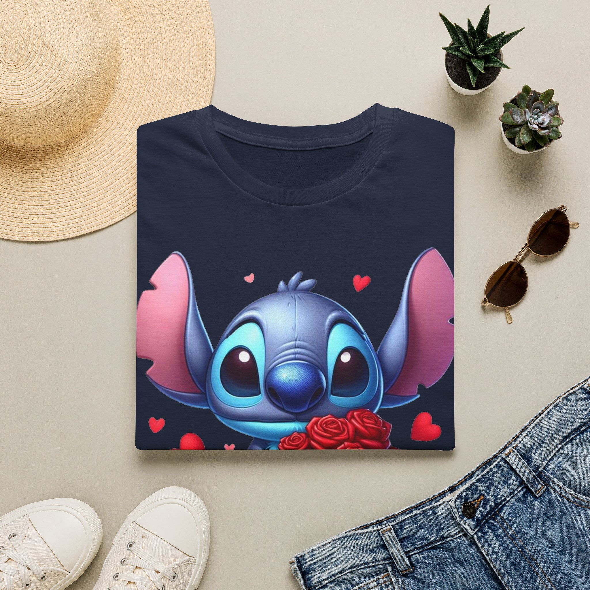 Stitch Holding Roses T-Shirt — Cute Valentine’s Day Cartoon Tee