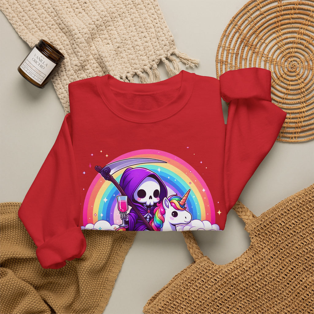 Crewneck Sweatshirt — Cute Grim Reaper Riding Unicorn Rainbow "True Audacity"