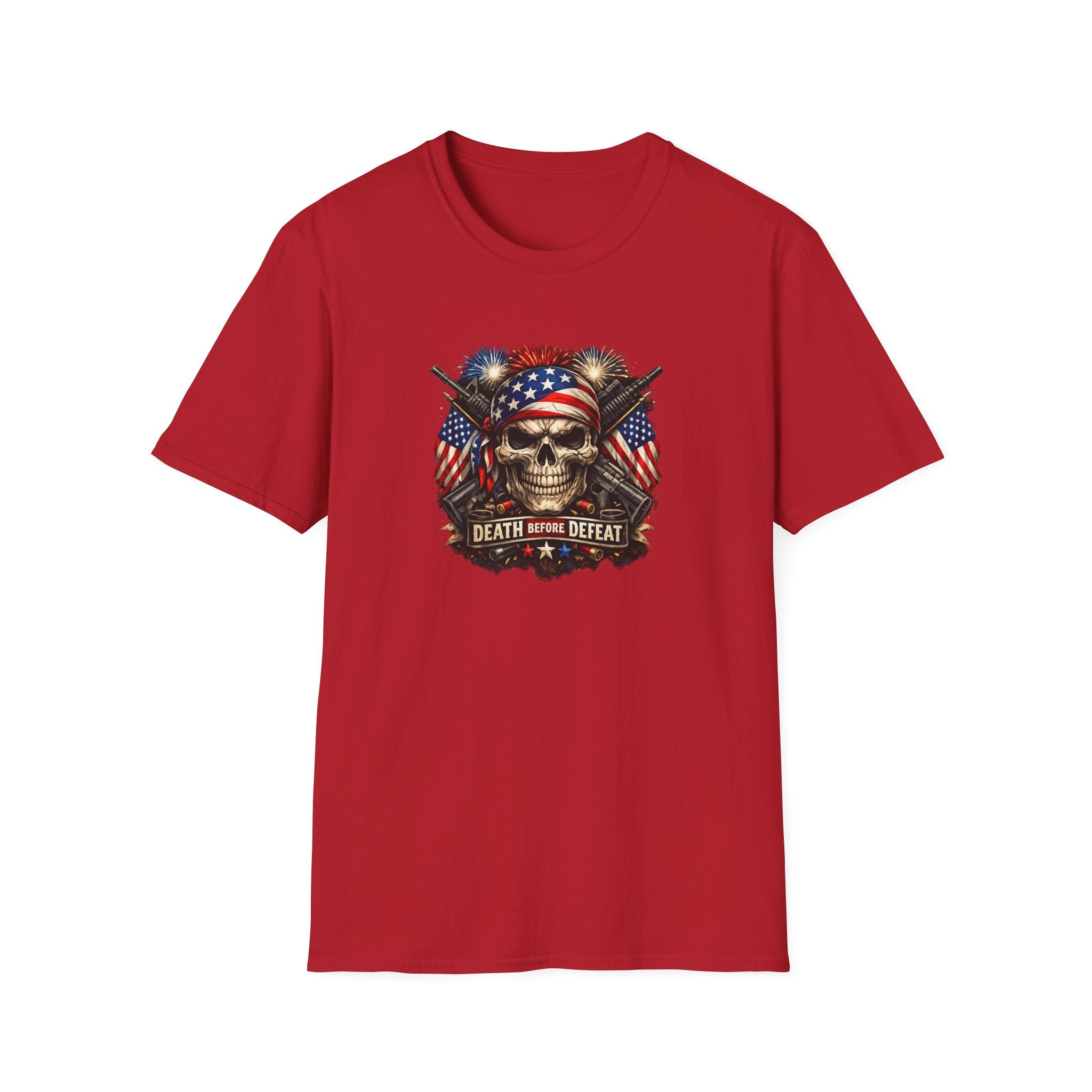 Patriotic Skull Tee "Death Before Defeat" - American Flag Military Graphic T-Shirt