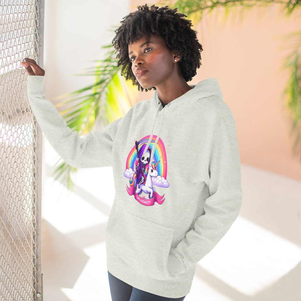 Hoodie - Cute Grim Reaper Riding Unicorn Rainbow "The Audacity" Fleece Hoodie
