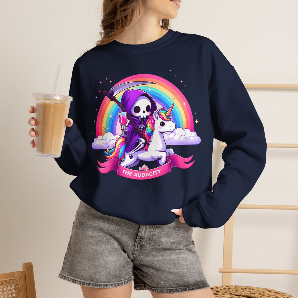 Crewneck Sweatshirt — Cute Grim Reaper Riding Unicorn Rainbow "True Audacity"