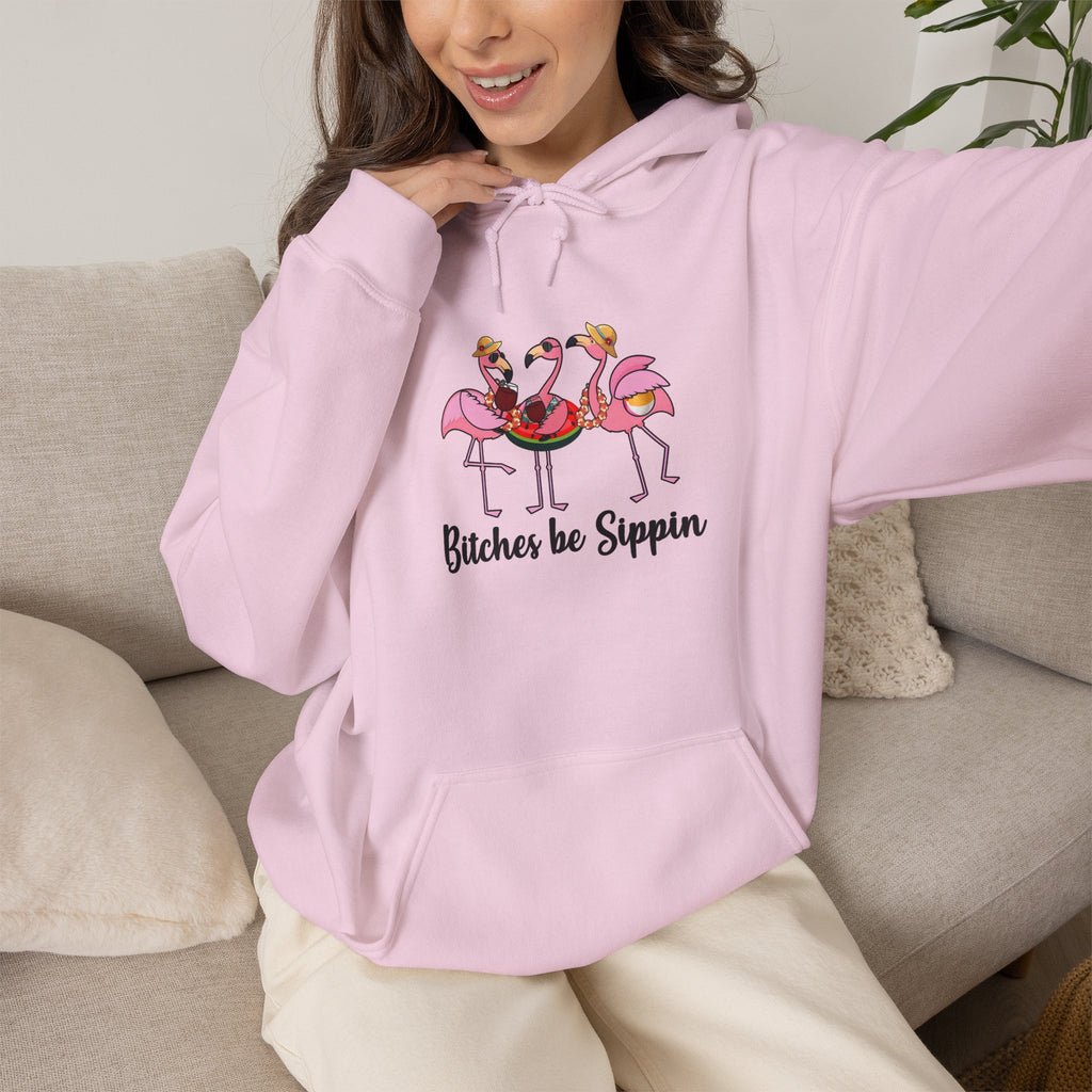 Flamingo 'Bitches Be Sippin' Hoodie – Funny Tropical Ladies Wine Graphic Sweatshirt
