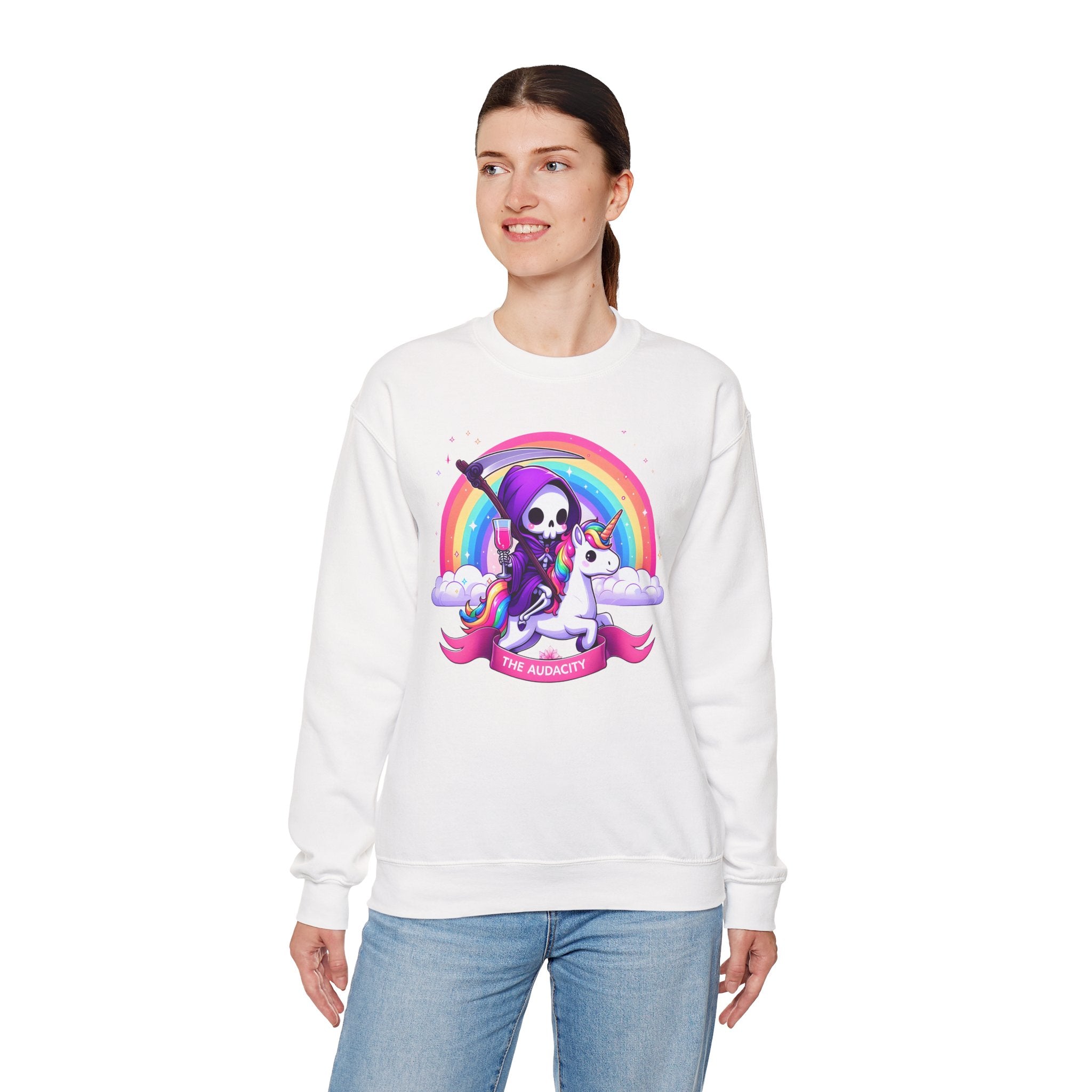 Crewneck Sweatshirt — Cute Grim Reaper Riding Unicorn Rainbow "True Audacity"