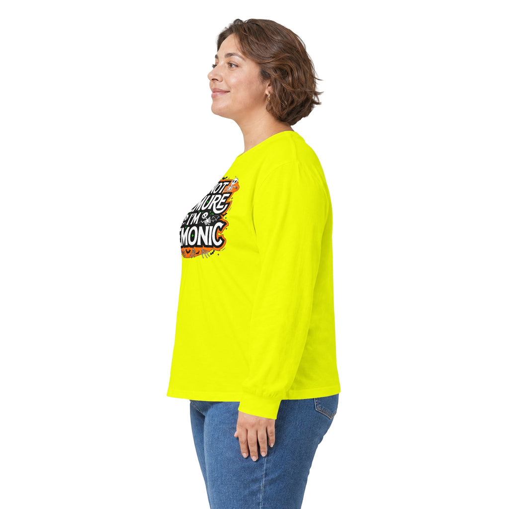Long Sleeve Tee — "I'm Not Demure I'm Demonic" Halloween Graphic