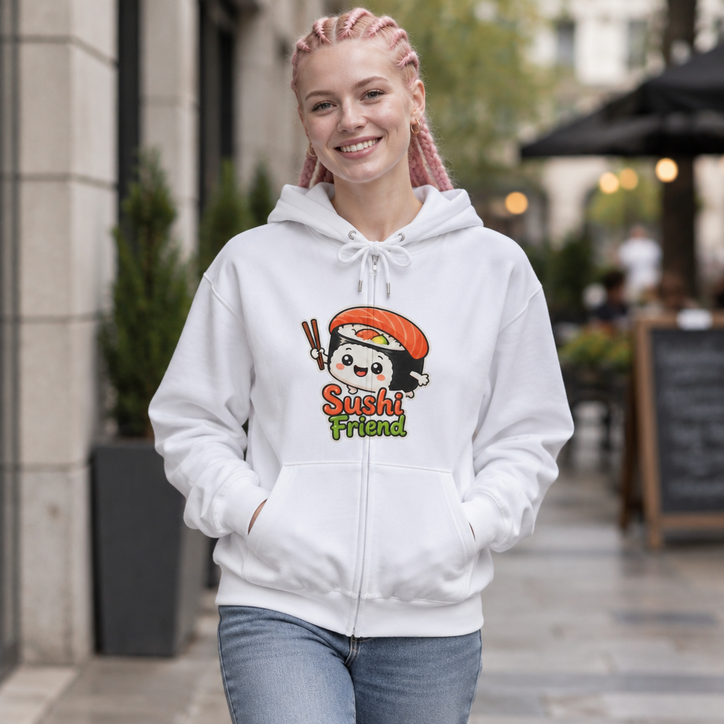 Sushi Friend Graphic Zip-Up Hoodie – Unisex