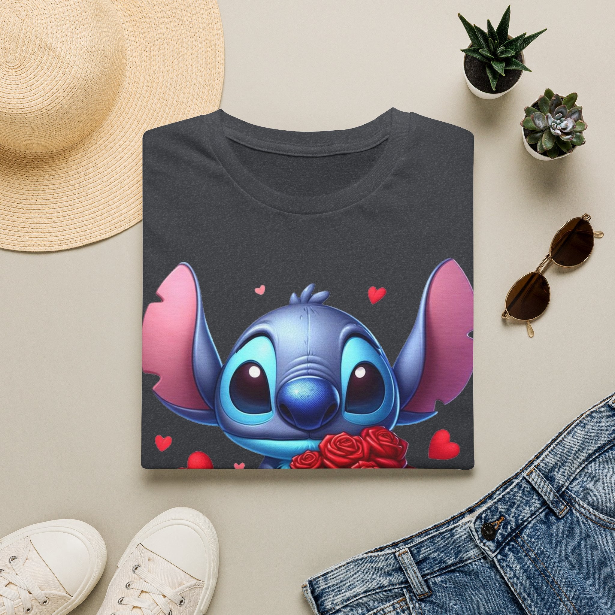Stitch Holding Roses T-Shirt — Cute Valentine’s Day Cartoon Tee