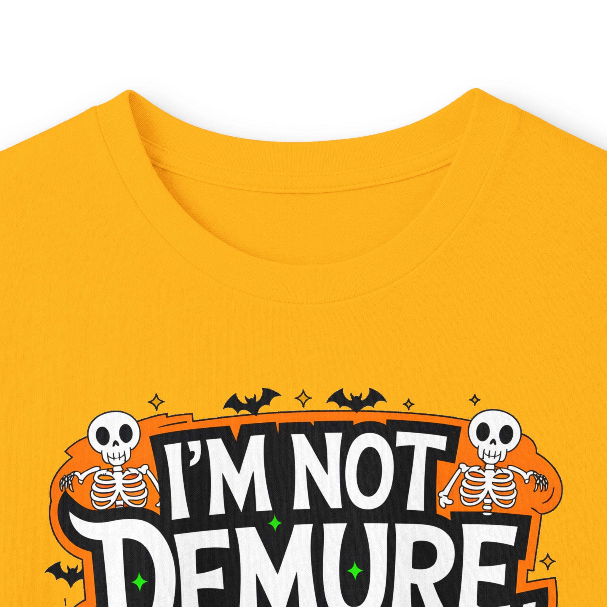 Long Sleeve Tee — "I'm Not Demure I'm Demonic" Halloween Graphic