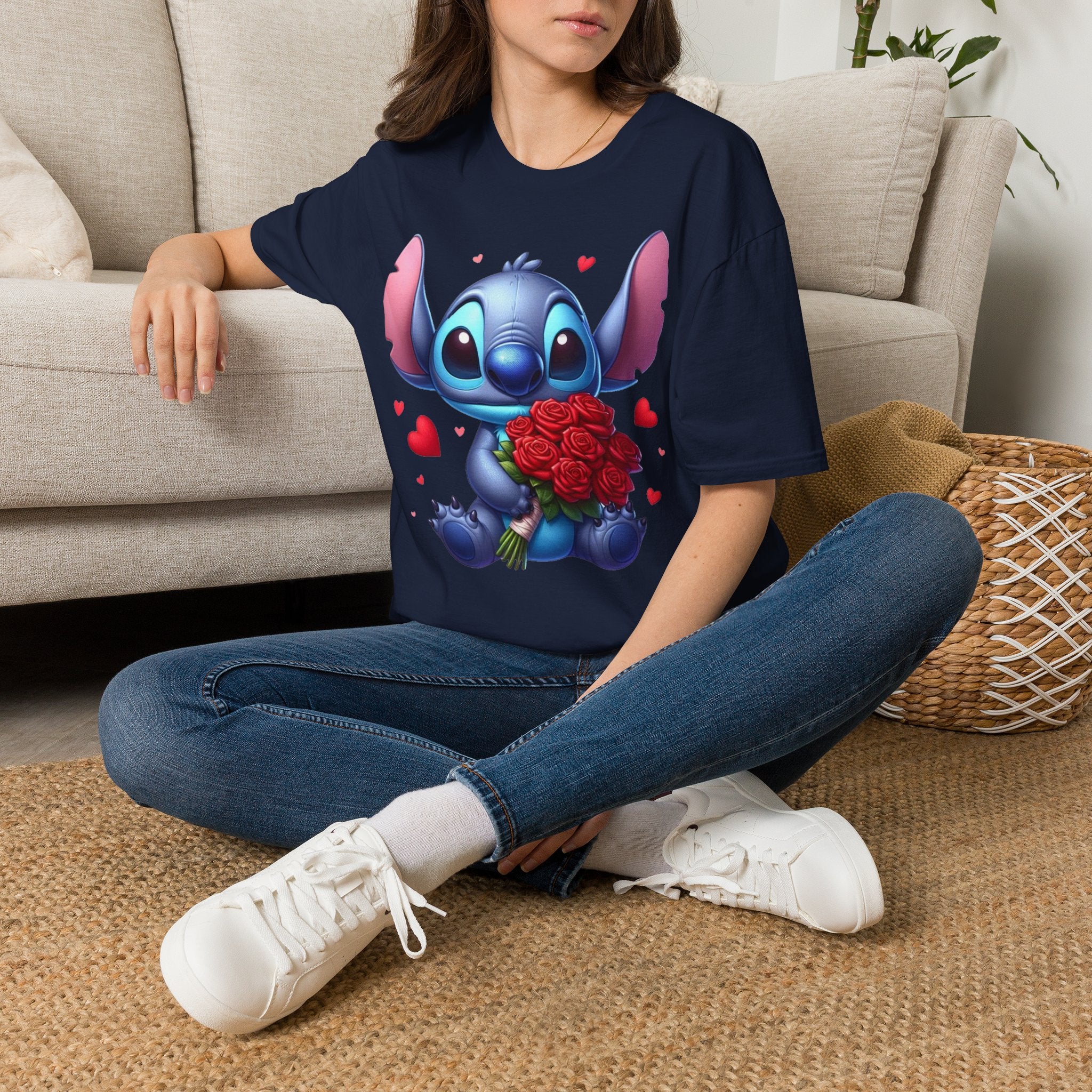 Stitch Holding Roses T-Shirt — Cute Valentine’s Day Cartoon Tee