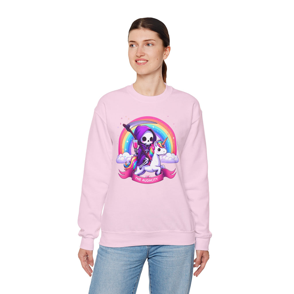 Crewneck Sweatshirt — Cute Grim Reaper Riding Unicorn Rainbow "True Audacity"