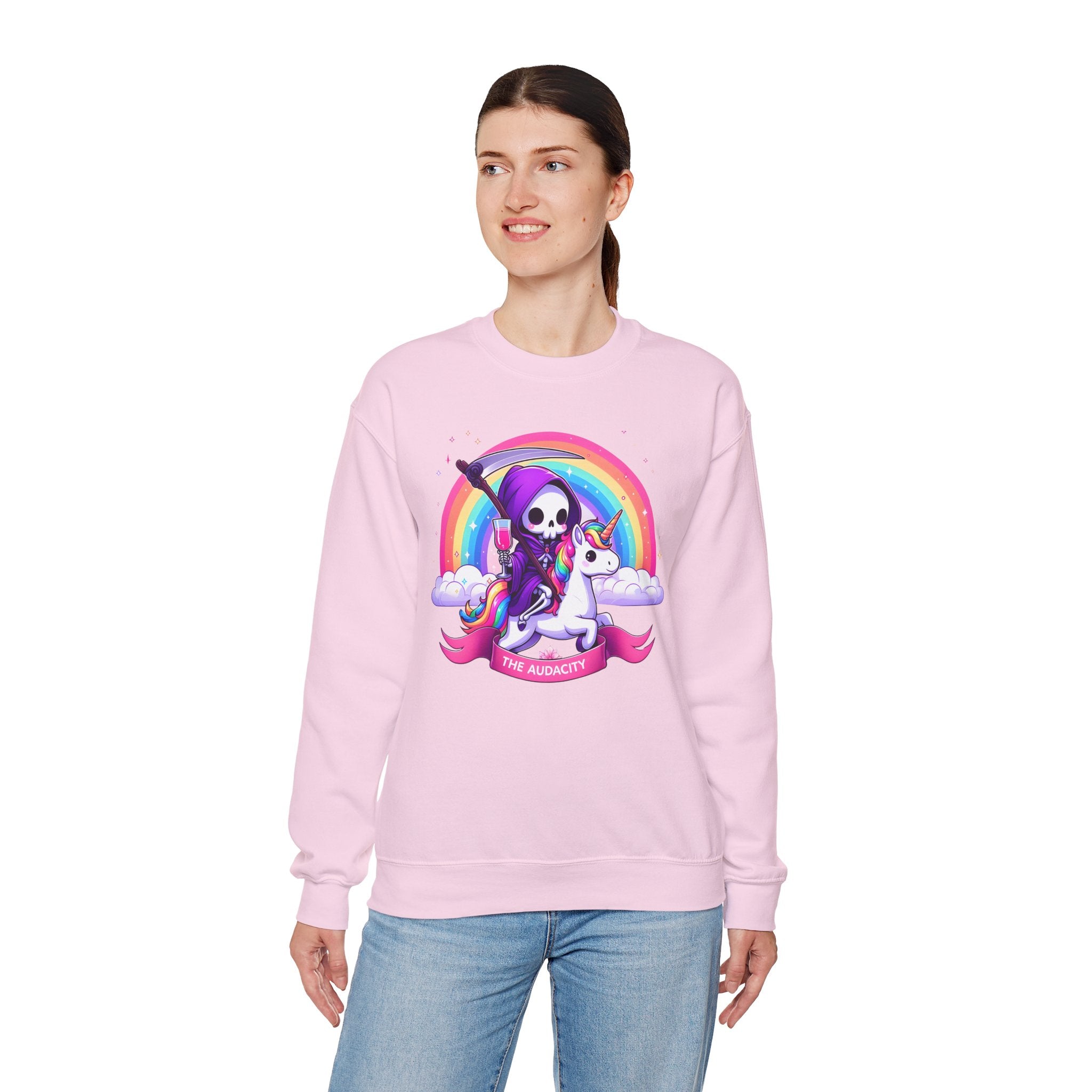 Crewneck Sweatshirt — Cute Grim Reaper Riding Unicorn Rainbow "True Audacity"