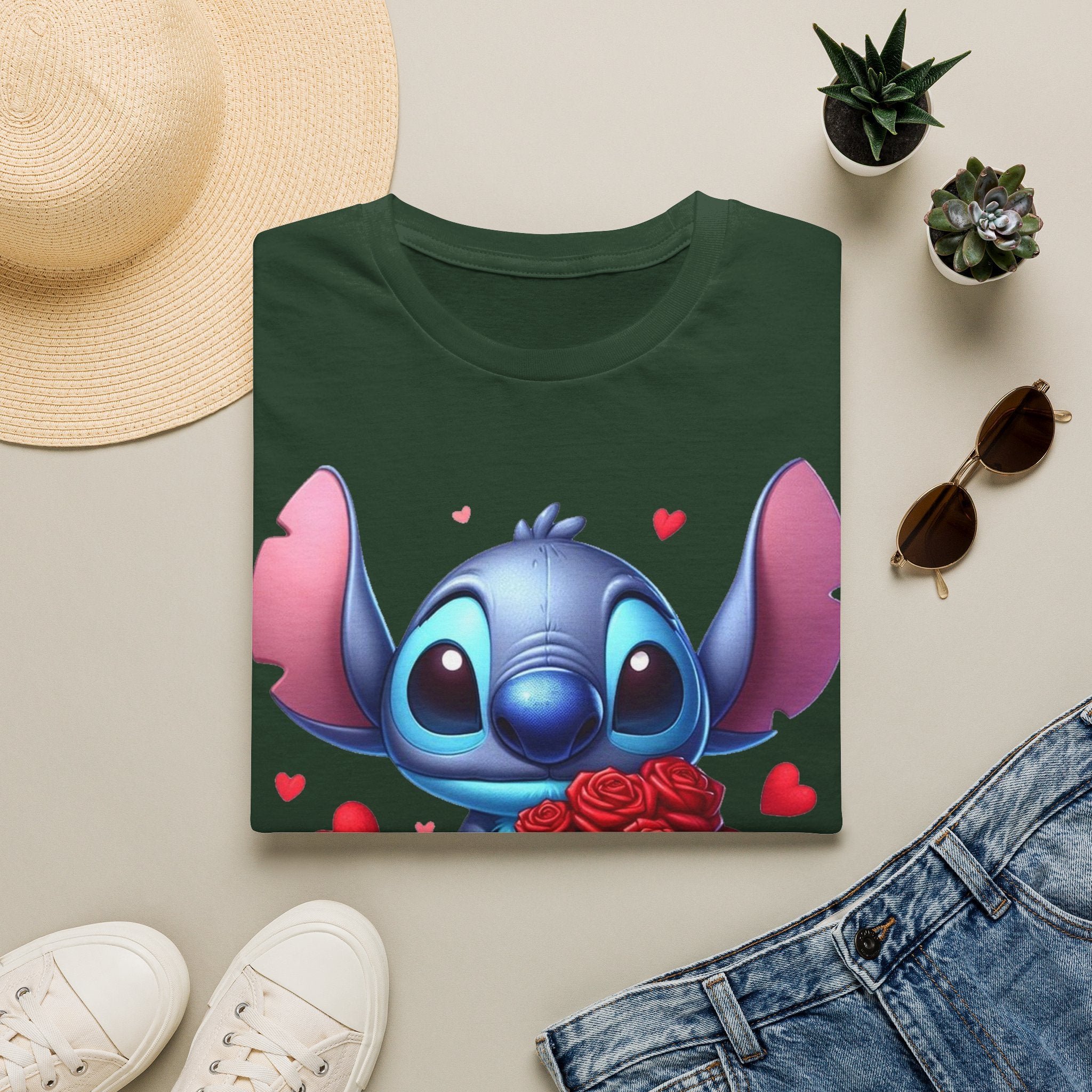 Stitch Holding Roses T-Shirt — Cute Valentine’s Day Cartoon Tee