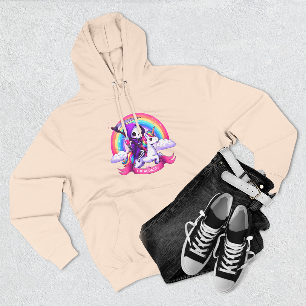 Hoodie - Cute Grim Reaper Riding Unicorn Rainbow "The Audacity" Fleece Hoodie