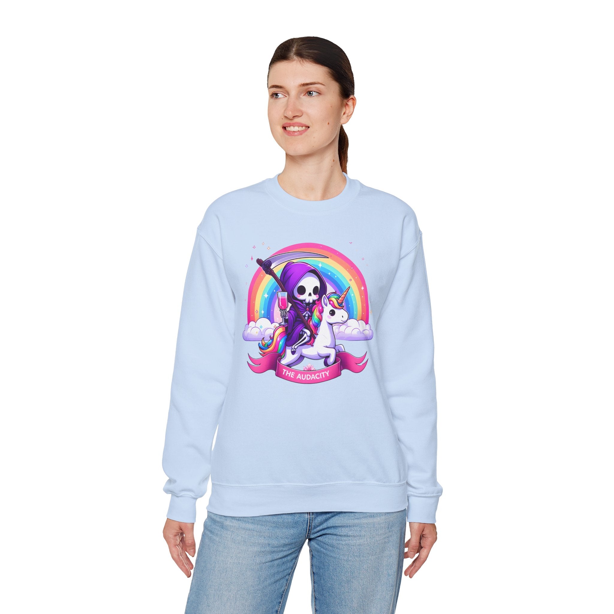 Crewneck Sweatshirt — Cute Grim Reaper Riding Unicorn Rainbow "True Audacity"