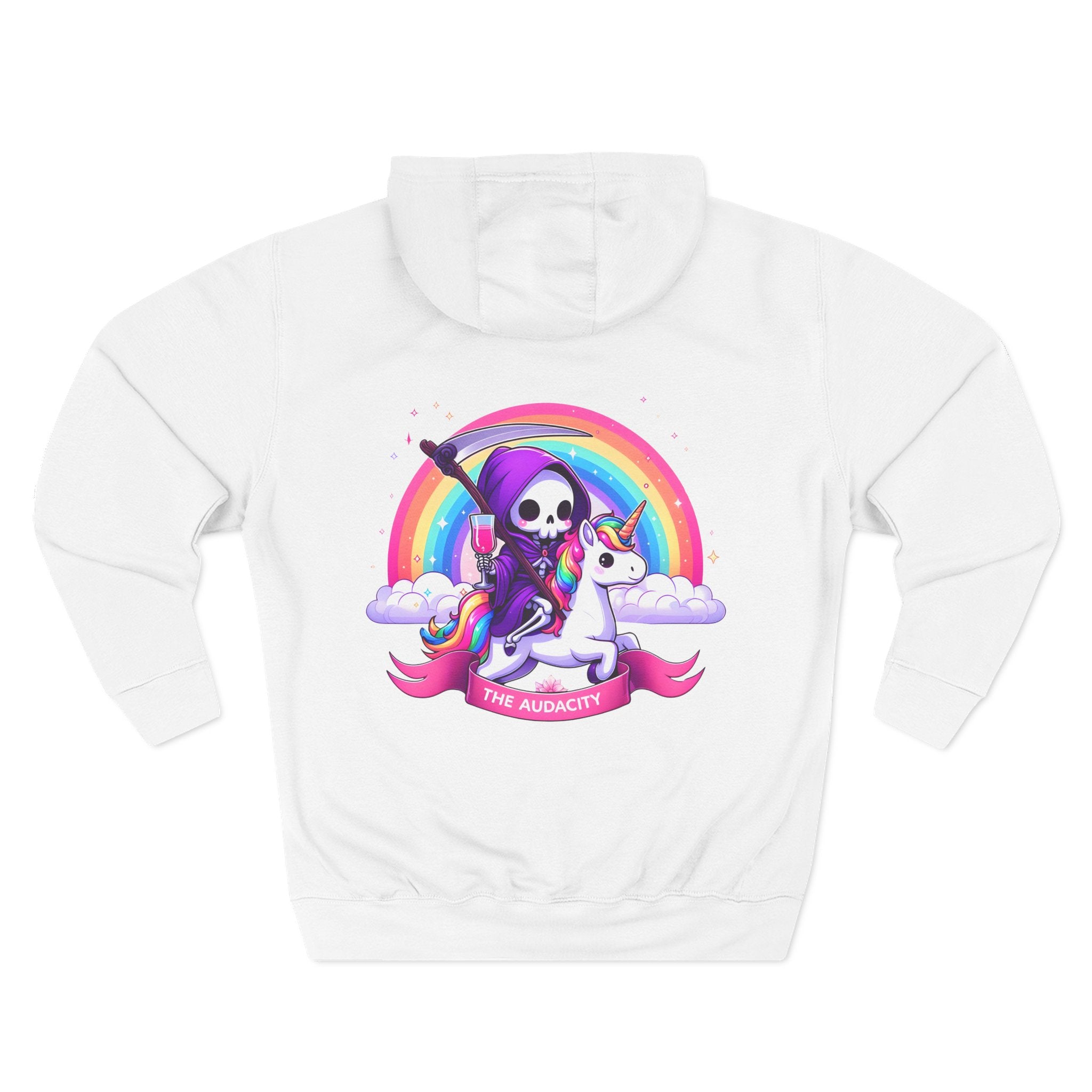 Hoodie - Cute Grim Reaper Riding Unicorn Rainbow "The Audacity" Fleece Hoodie