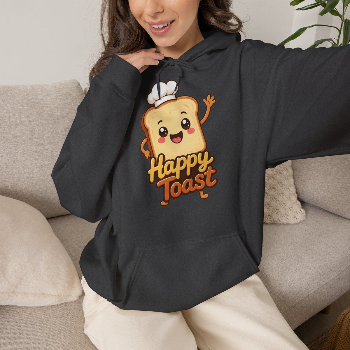 Happy Toast Cartoon Graphic Hoodie – Unisex Pullover