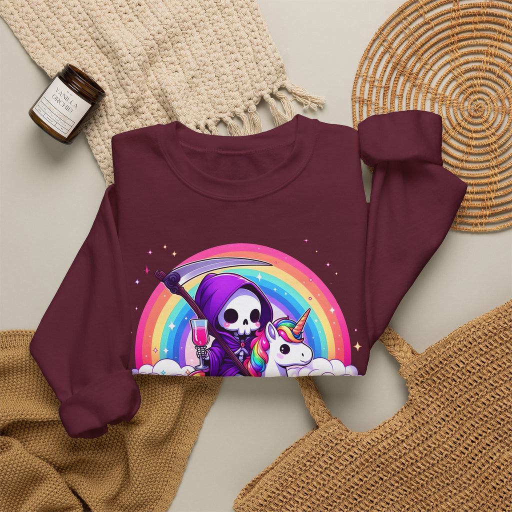 Crewneck Sweatshirt — Cute Grim Reaper Riding Unicorn Rainbow "True Audacity"