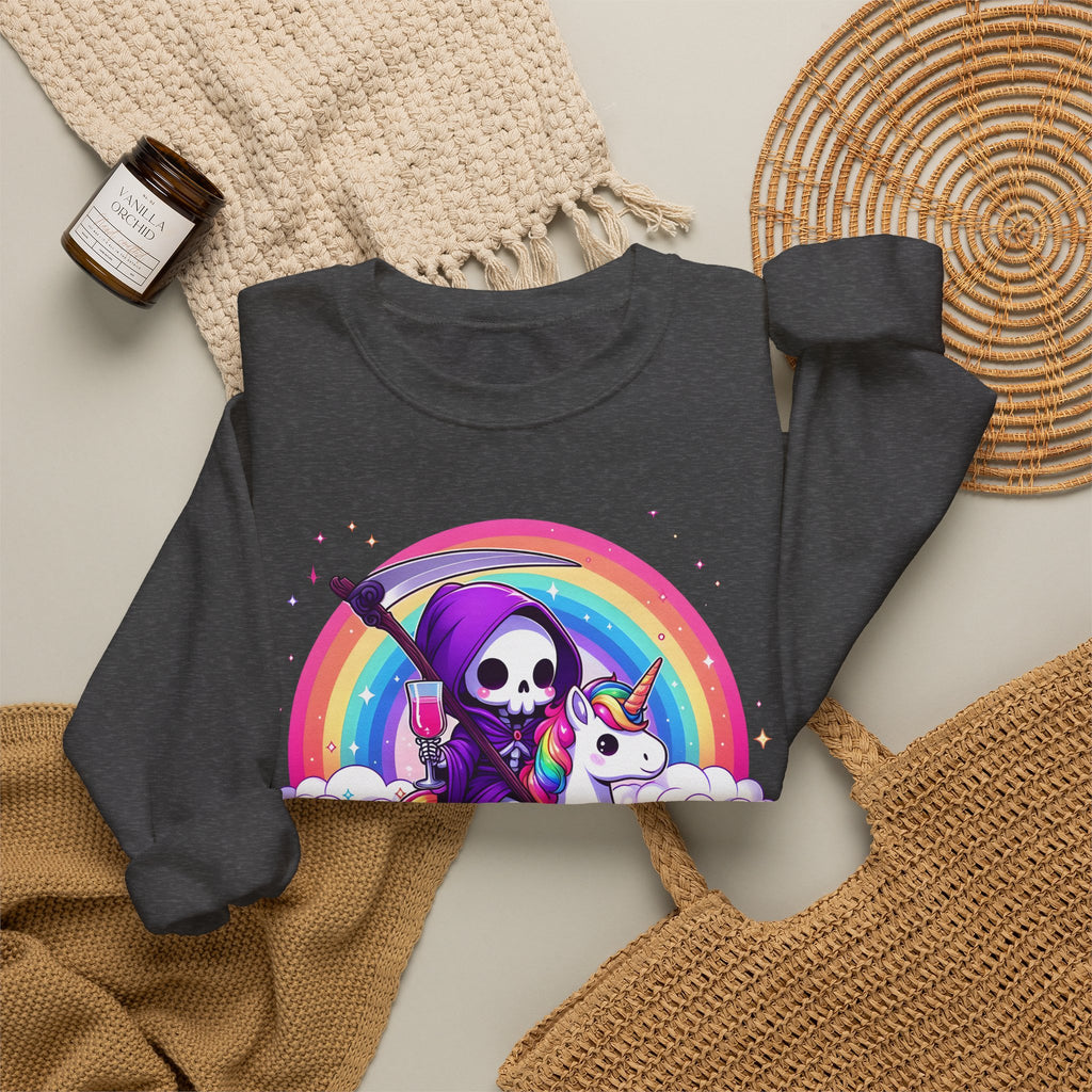 Crewneck Sweatshirt — Cute Grim Reaper Riding Unicorn Rainbow "True Audacity"