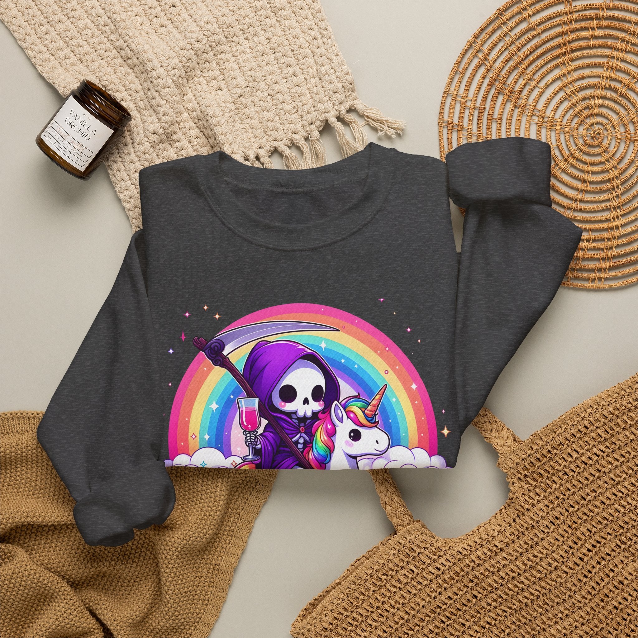 Crewneck Sweatshirt — Cute Grim Reaper Riding Unicorn Rainbow "True Audacity"