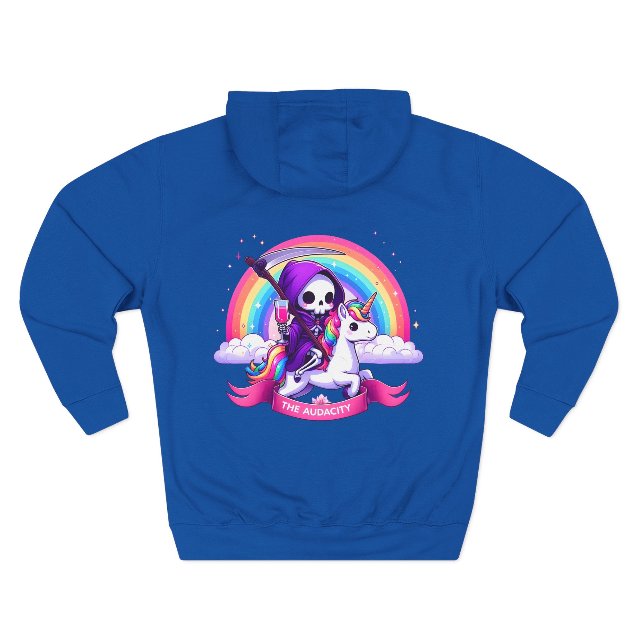 Hoodie - Cute Grim Reaper Riding Unicorn Rainbow "The Audacity" Fleece Hoodie
