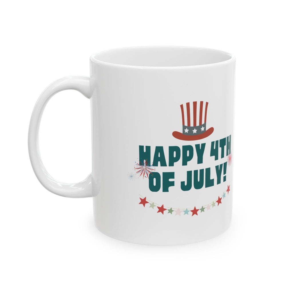 4th of July Ceramic Mug – "Happy 4th of July!" Patriotic Stars & Fireworks Coffee Cup (11oz/15oz)
