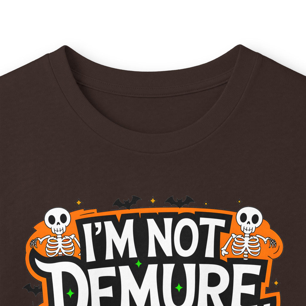 Long Sleeve Tee — "I'm Not Demure I'm Demonic" Halloween Graphic