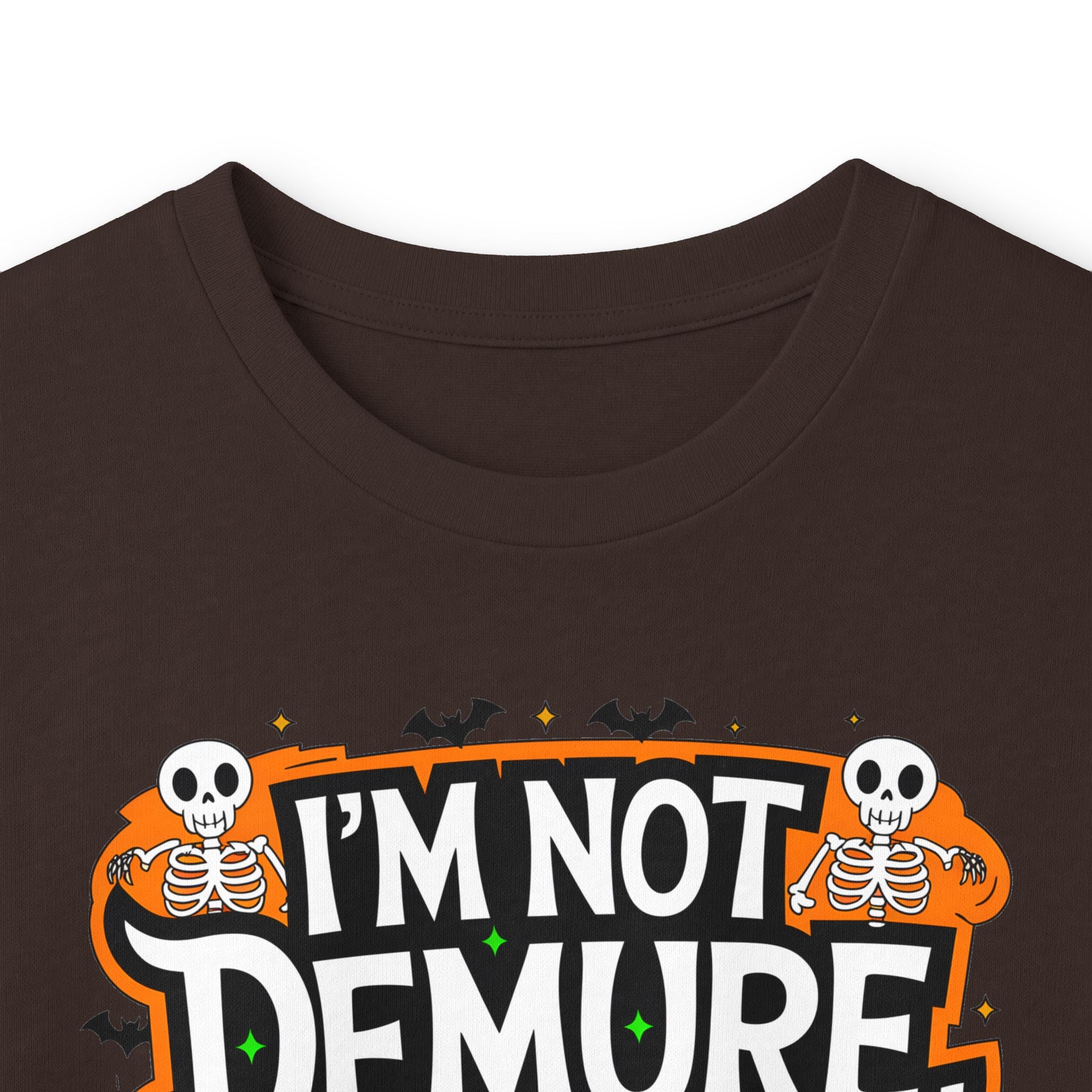 Long Sleeve Tee — "I'm Not Demure I'm Demonic" Halloween Graphic