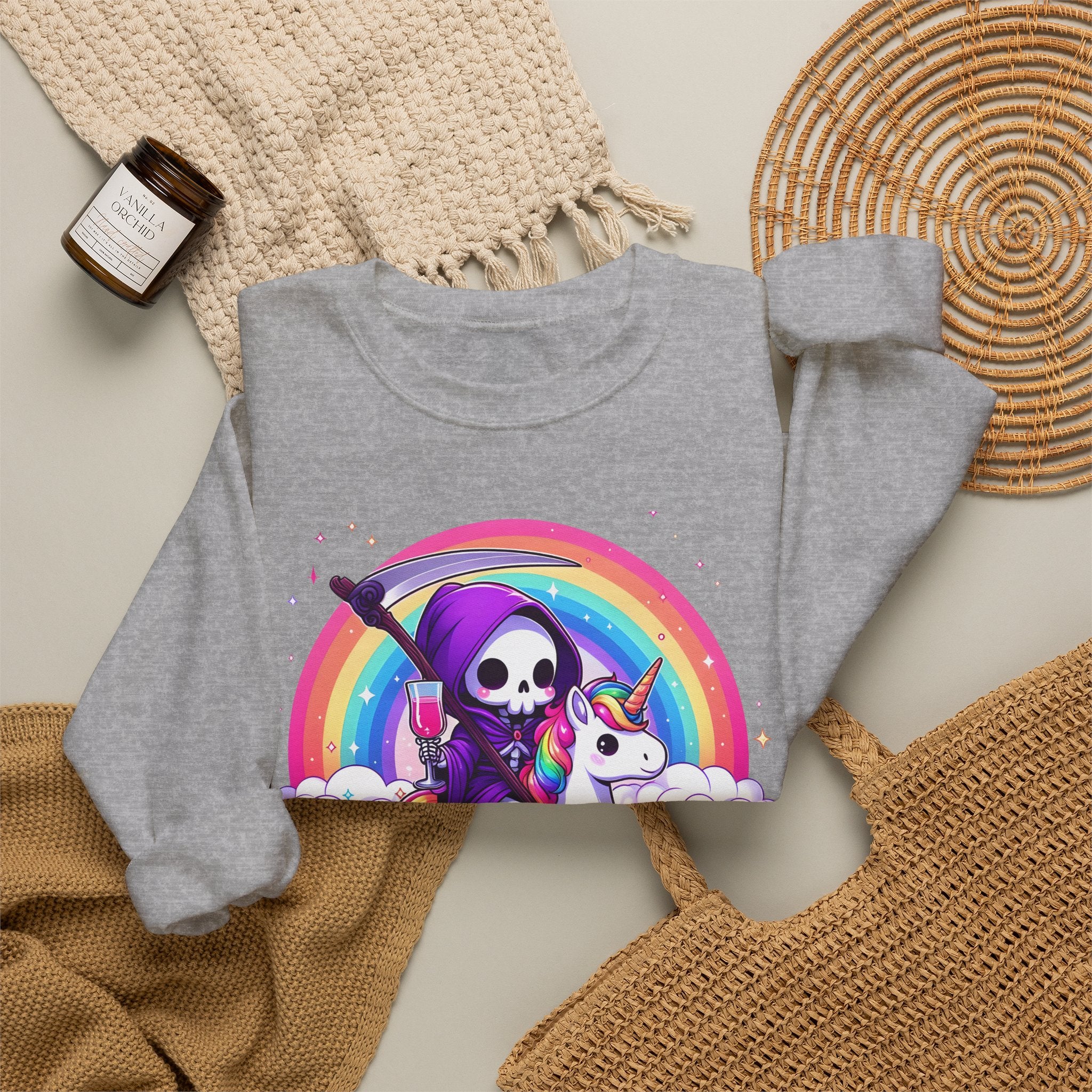 Crewneck Sweatshirt — Cute Grim Reaper Riding Unicorn Rainbow "True Audacity"