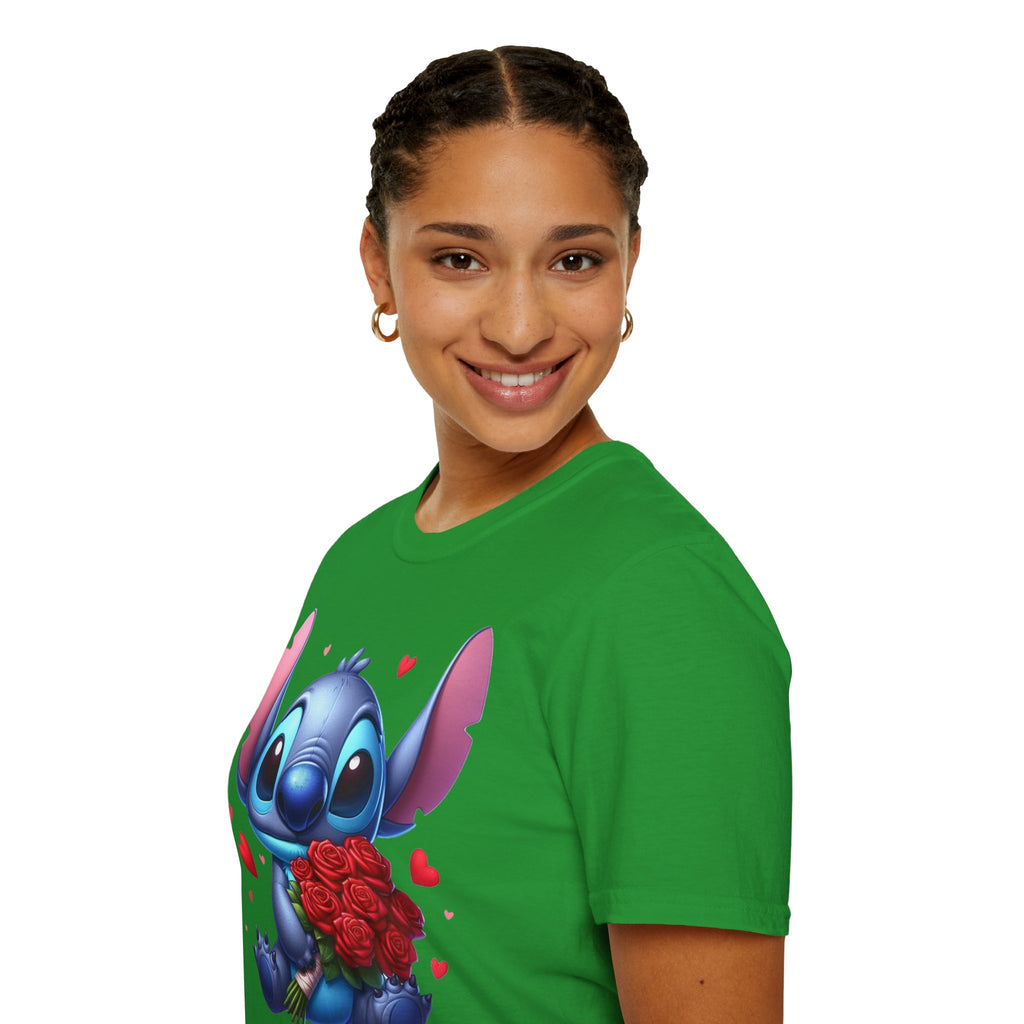 Stitch Holding Roses T-Shirt — Cute Valentine’s Day Cartoon Tee