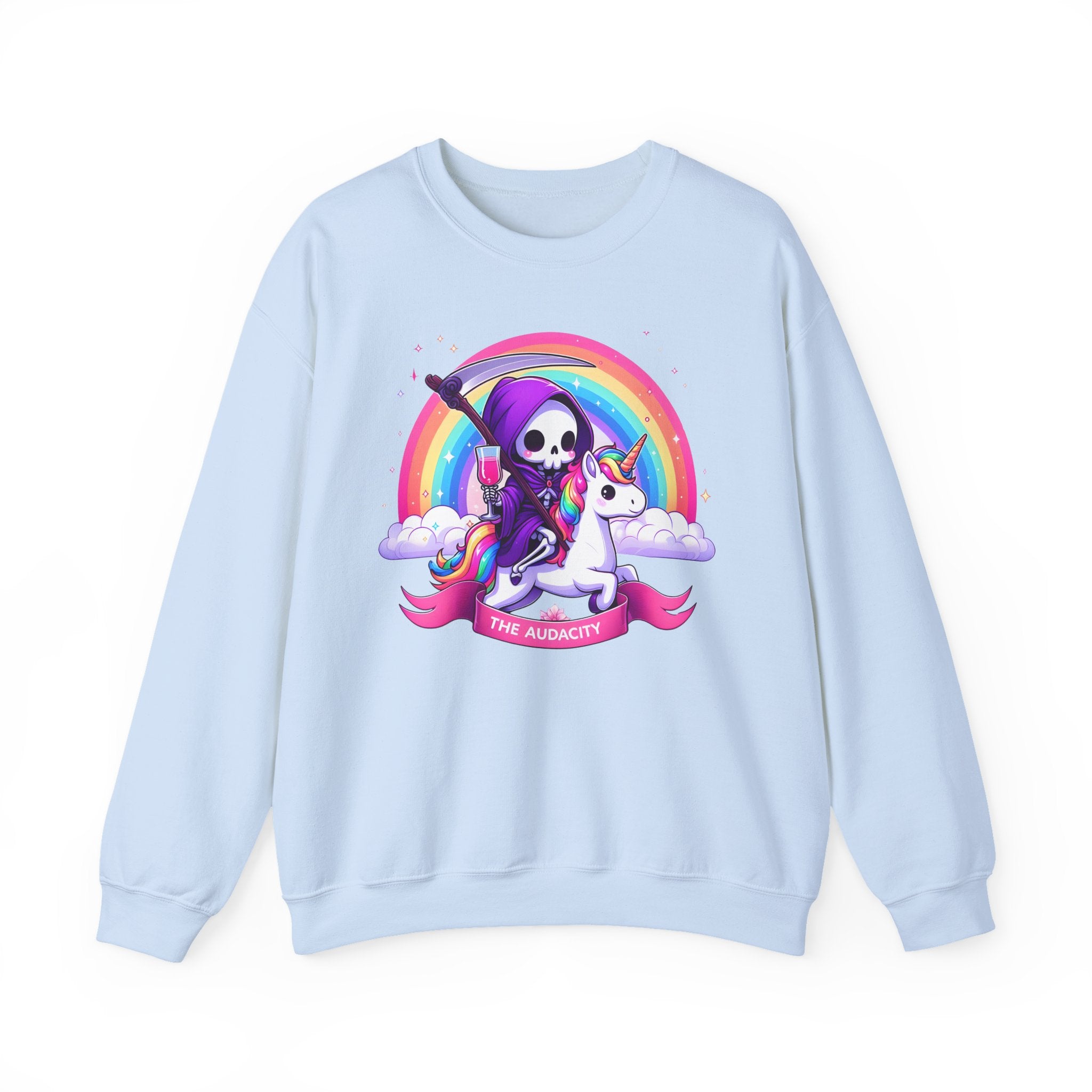Crewneck Sweatshirt — Cute Grim Reaper Riding Unicorn Rainbow "True Audacity"