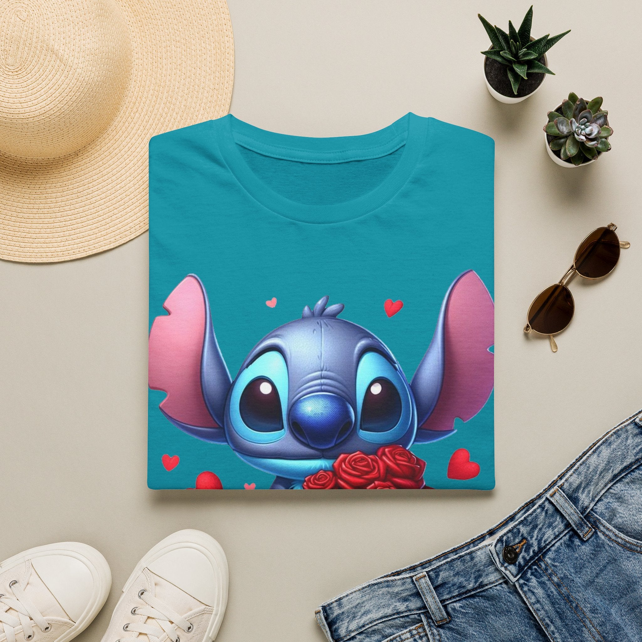Stitch Holding Roses T-Shirt — Cute Valentine’s Day Cartoon Tee
