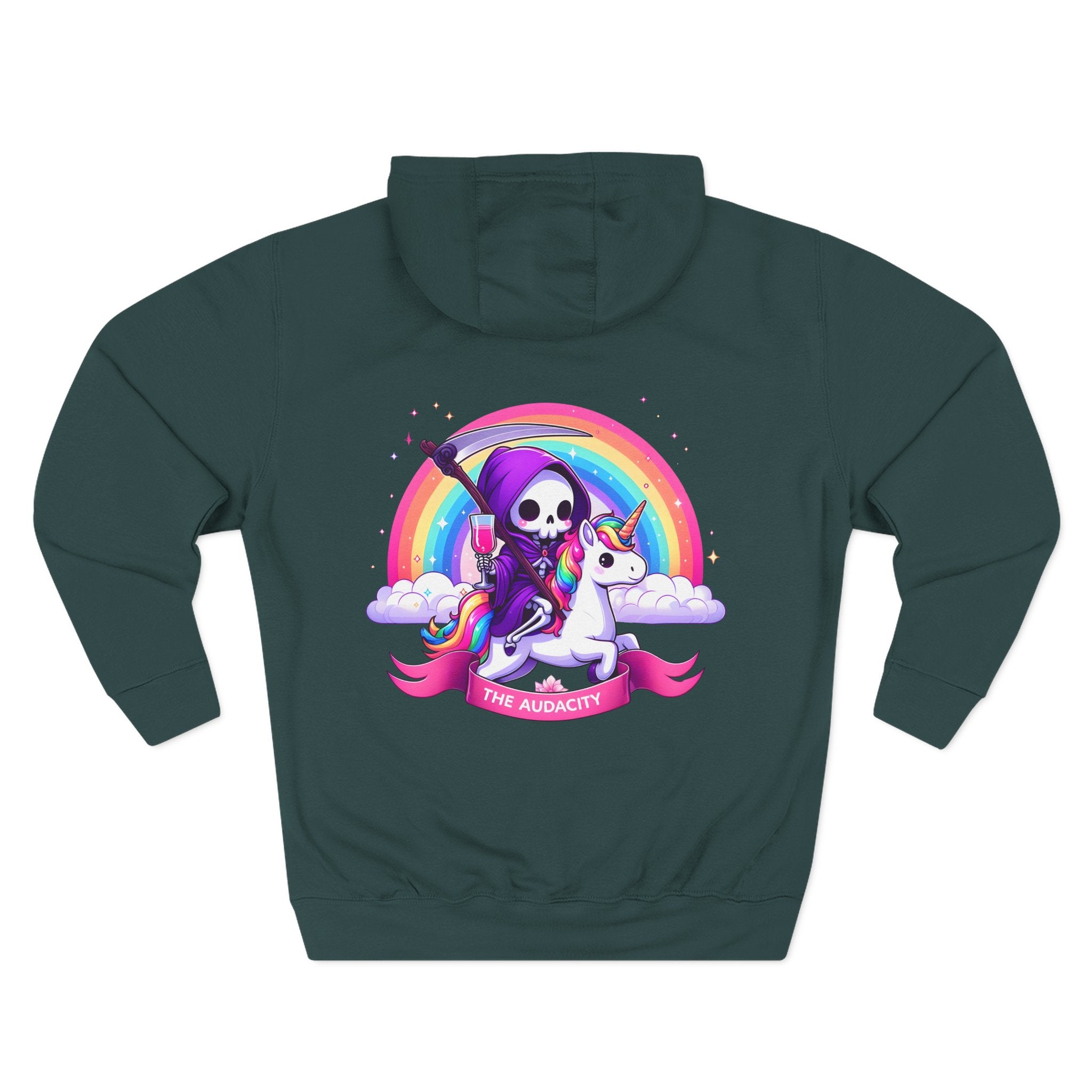 Hoodie - Cute Grim Reaper Riding Unicorn Rainbow "The Audacity" Fleece Hoodie