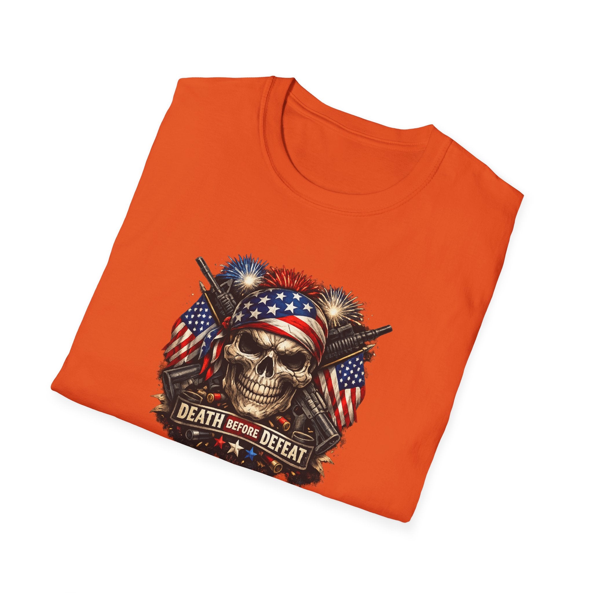 Patriotic Skull Tee "Death Before Defeat" - American Flag Military Graphic T-Shirt