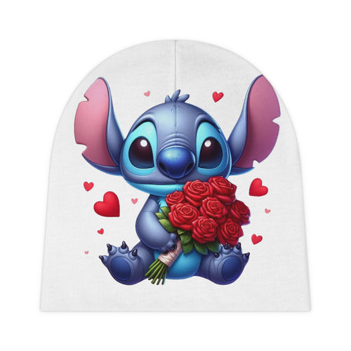 Baby Beanie - Cute Blue Alien Holding Roses (Valentine’s Infant Hat)