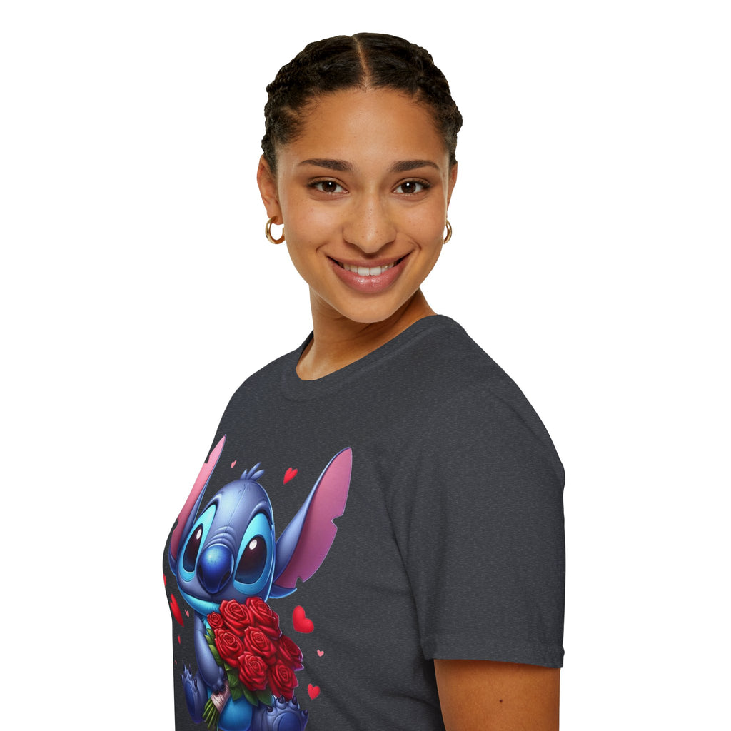 Stitch Holding Roses T-Shirt — Cute Valentine’s Day Cartoon Tee