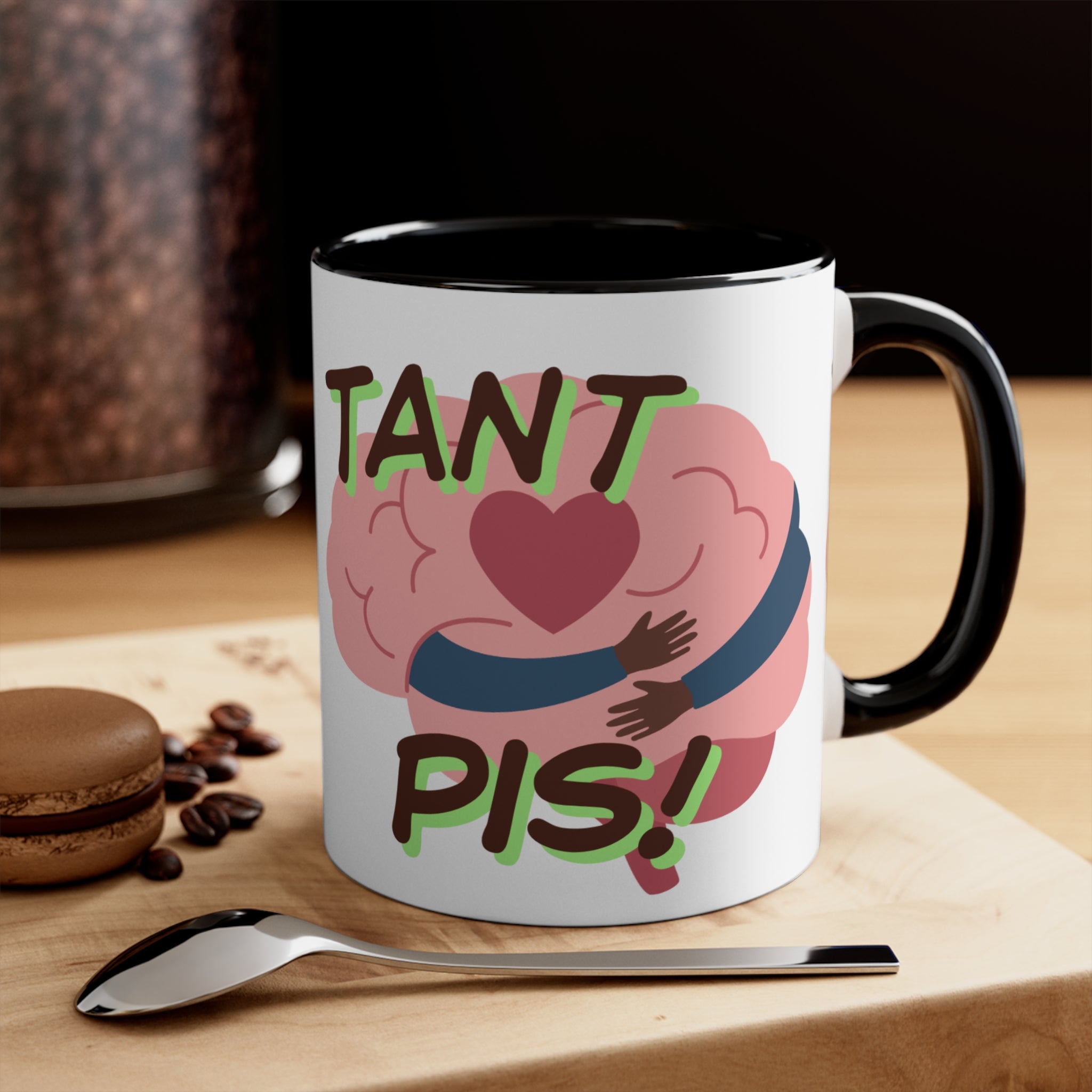 Accent Mug — 'Tant Pis!' Hugging Brain Design, Funny French Phrase Coffee Cup
