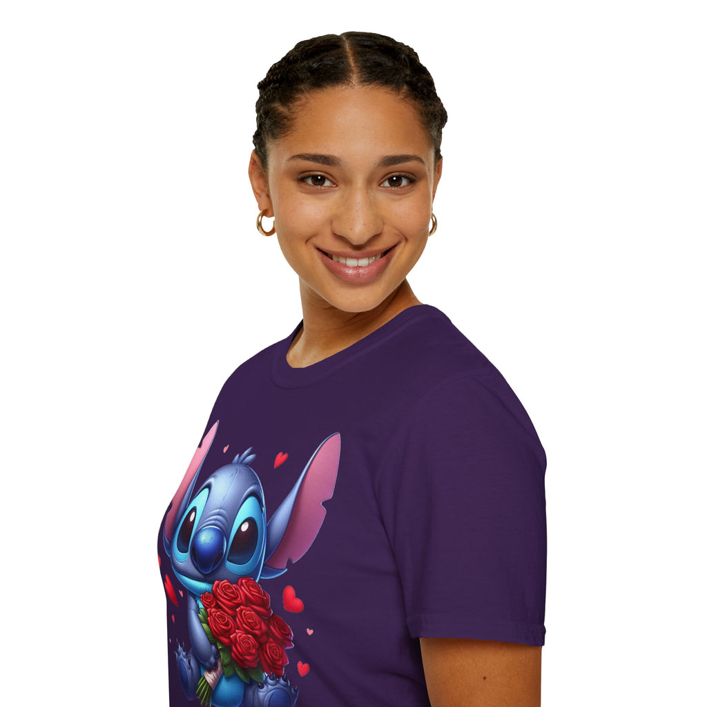 Stitch Holding Roses T-Shirt — Cute Valentine’s Day Cartoon Tee