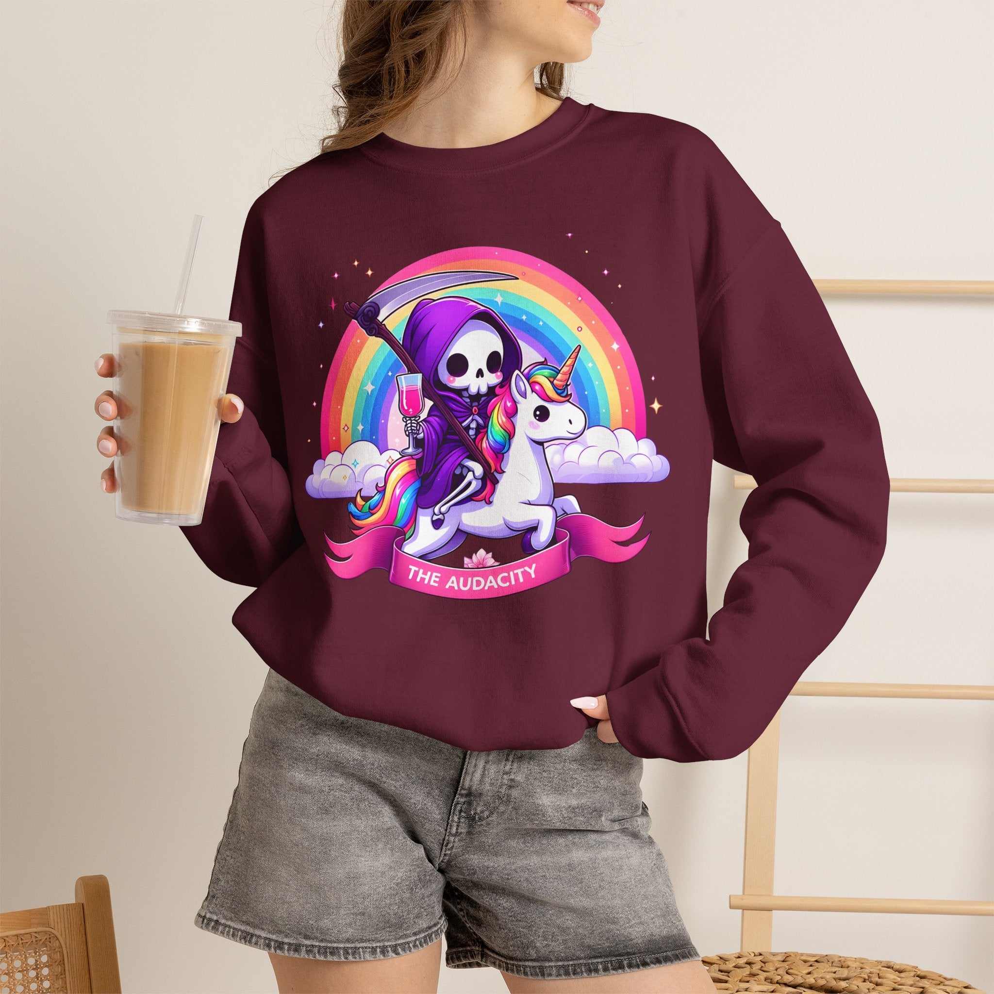Crewneck Sweatshirt — Cute Grim Reaper Riding Unicorn Rainbow "True Audacity"