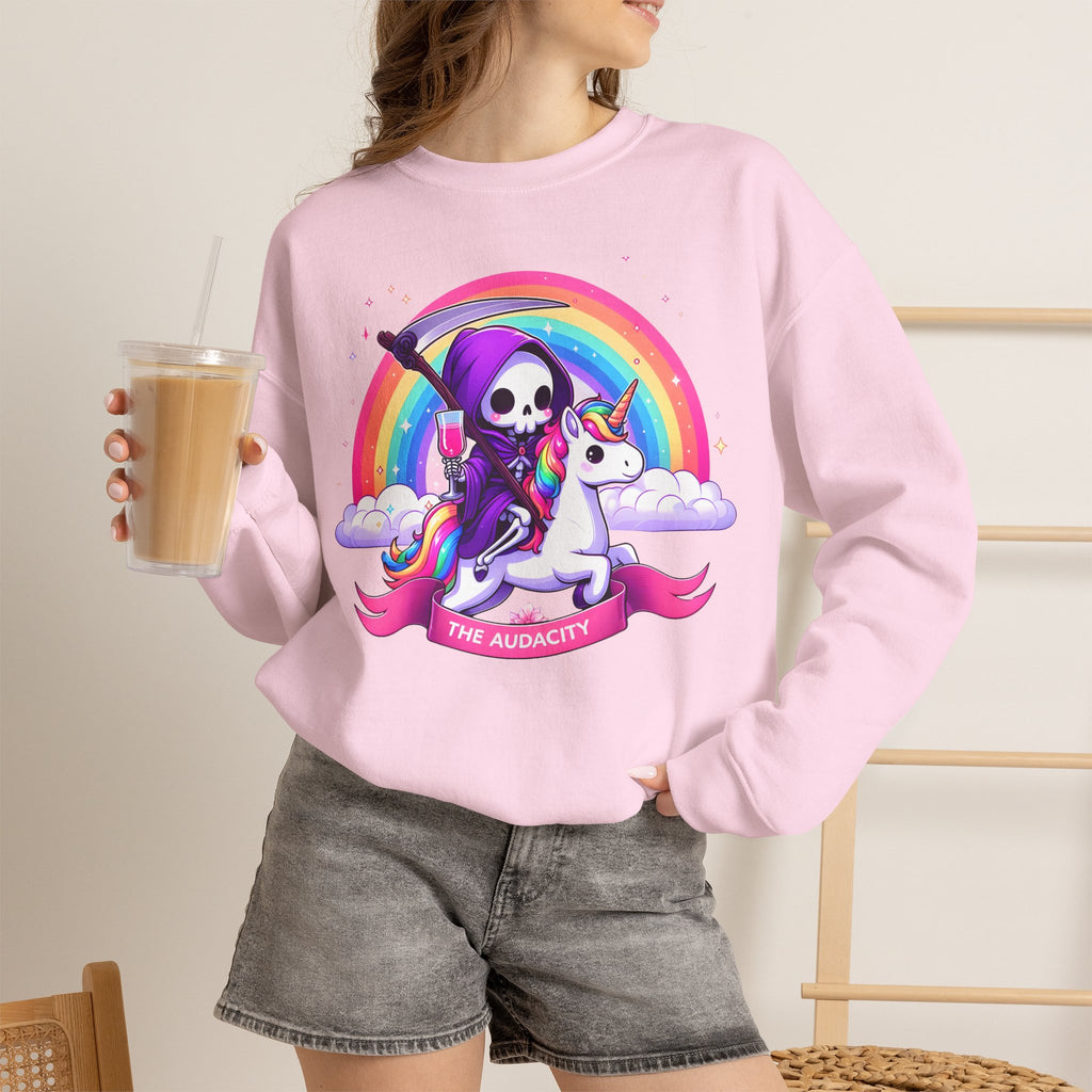 Crewneck Sweatshirt — Cute Grim Reaper Riding Unicorn Rainbow "True Audacity"