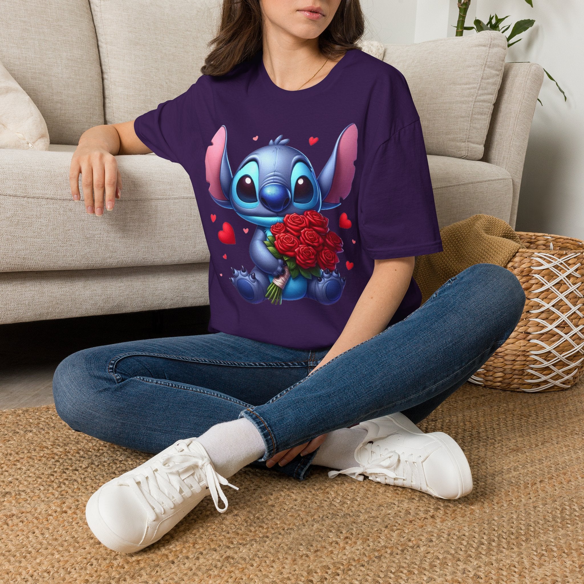 Stitch Holding Roses T-Shirt — Cute Valentine’s Day Cartoon Tee