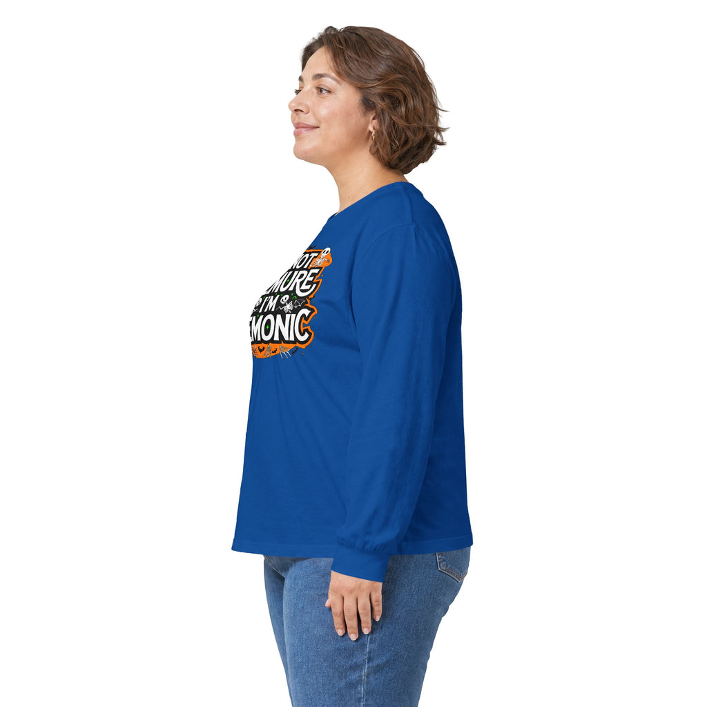 Long Sleeve Tee — "I'm Not Demure I'm Demonic" Halloween Graphic