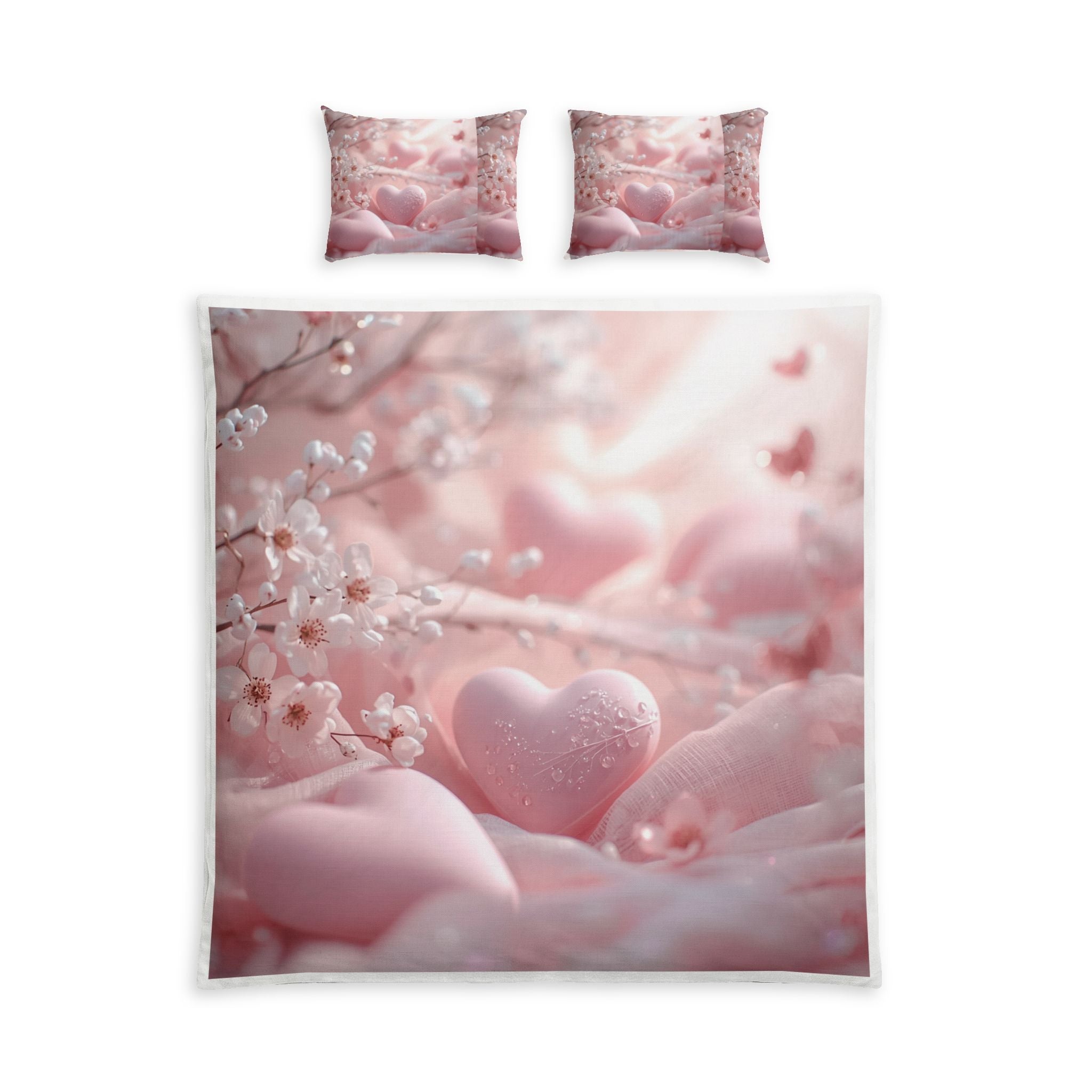 Romantic Pink Heart Cotton Bed Set – Floral Valentine Duvet Cover & Pillowcases