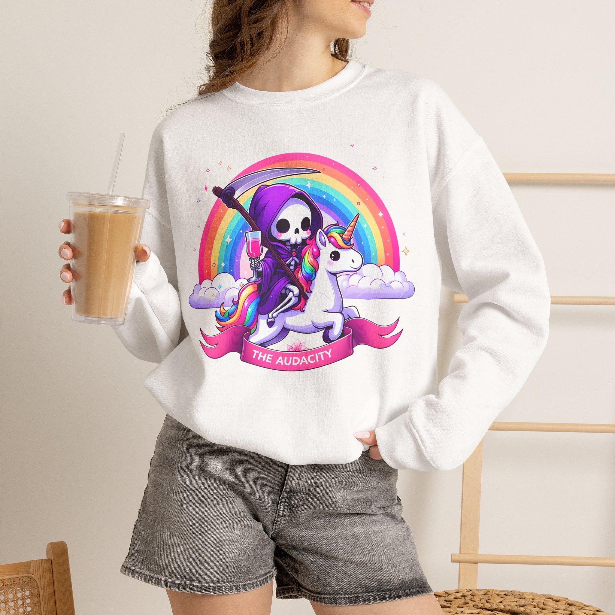 Crewneck Sweatshirt — Cute Grim Reaper Riding Unicorn Rainbow "True Audacity"