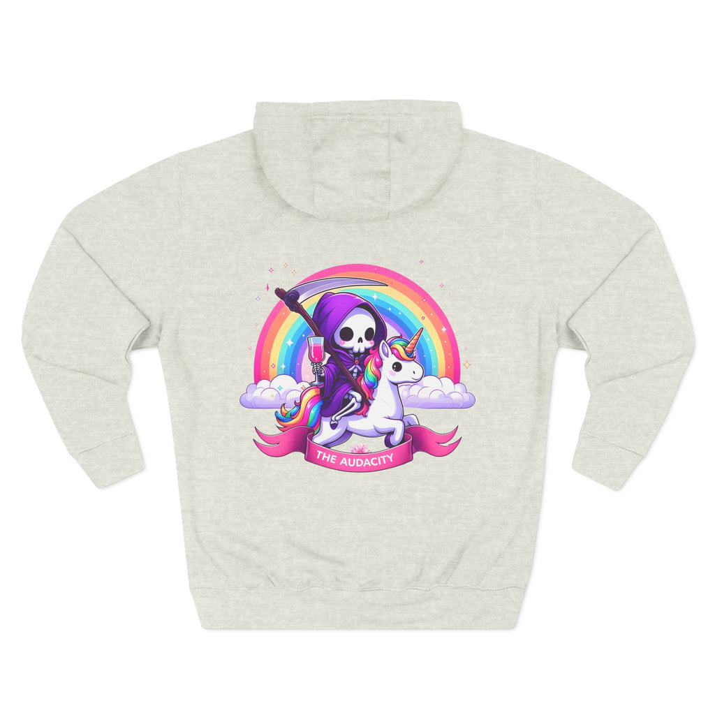 Hoodie - Cute Grim Reaper Riding Unicorn Rainbow "The Audacity" Fleece Hoodie