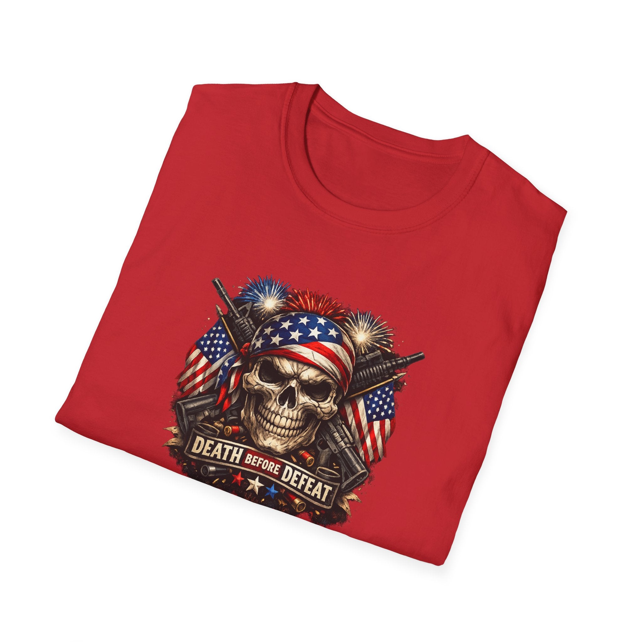 Patriotic Skull Tee "Death Before Defeat" - American Flag Military Graphic T-Shirt
